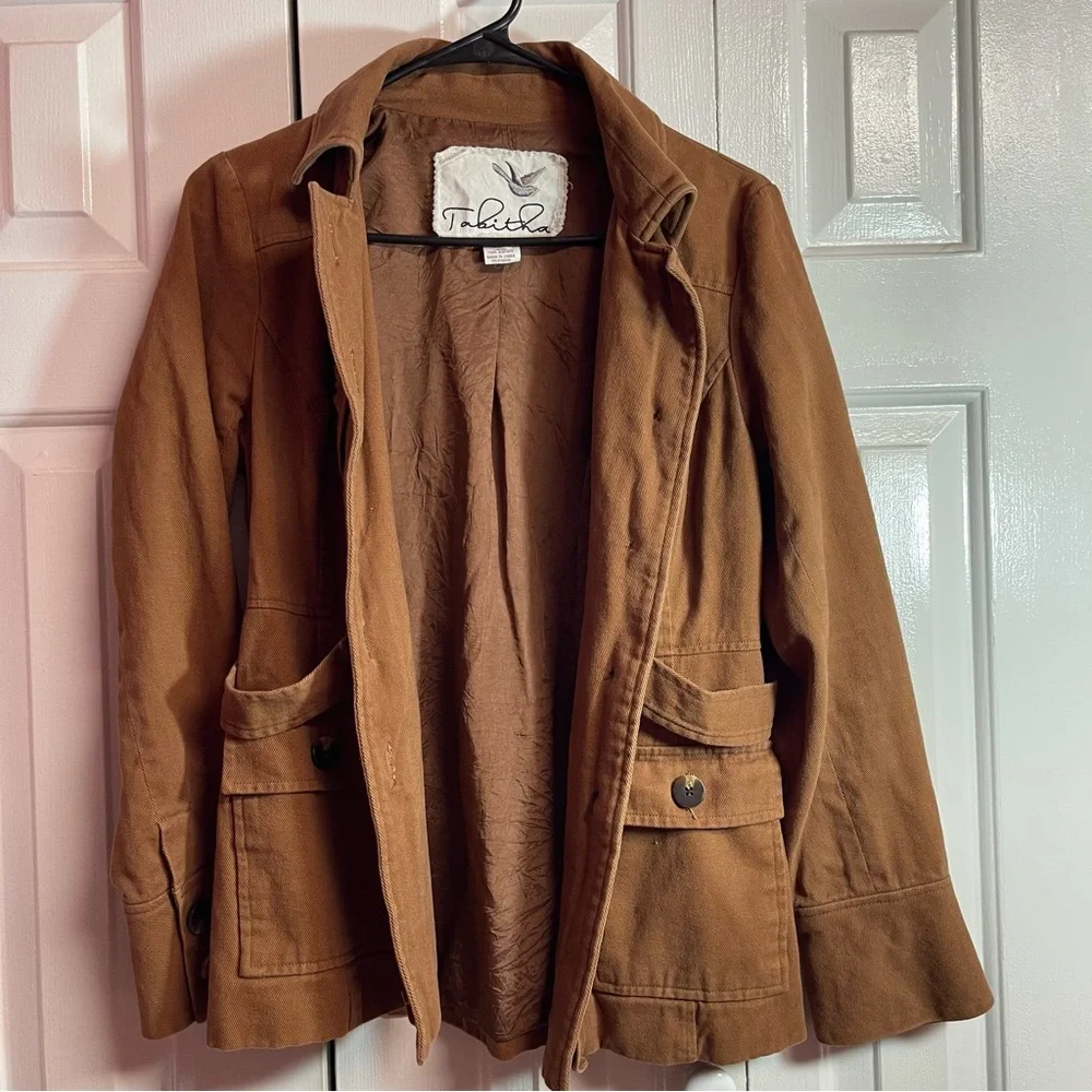 Sz 6 (S/M) Anthropologie Brown Ruffle-Trim Utility Barn Jacket - Picture 2 of 8